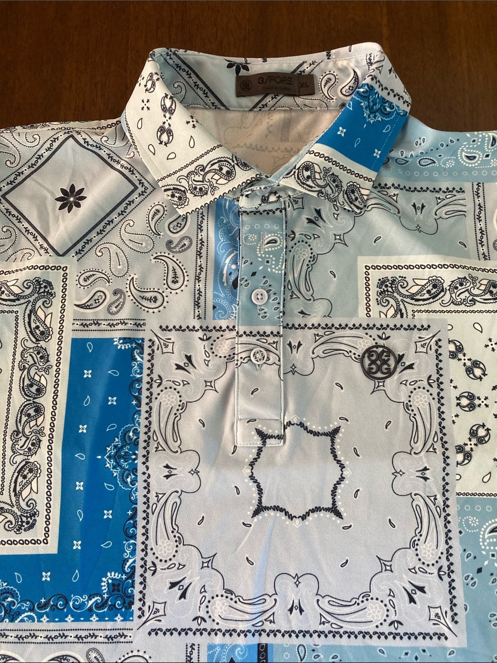 G/FORE Men’s White and Light Blue Bandana-Print Polo